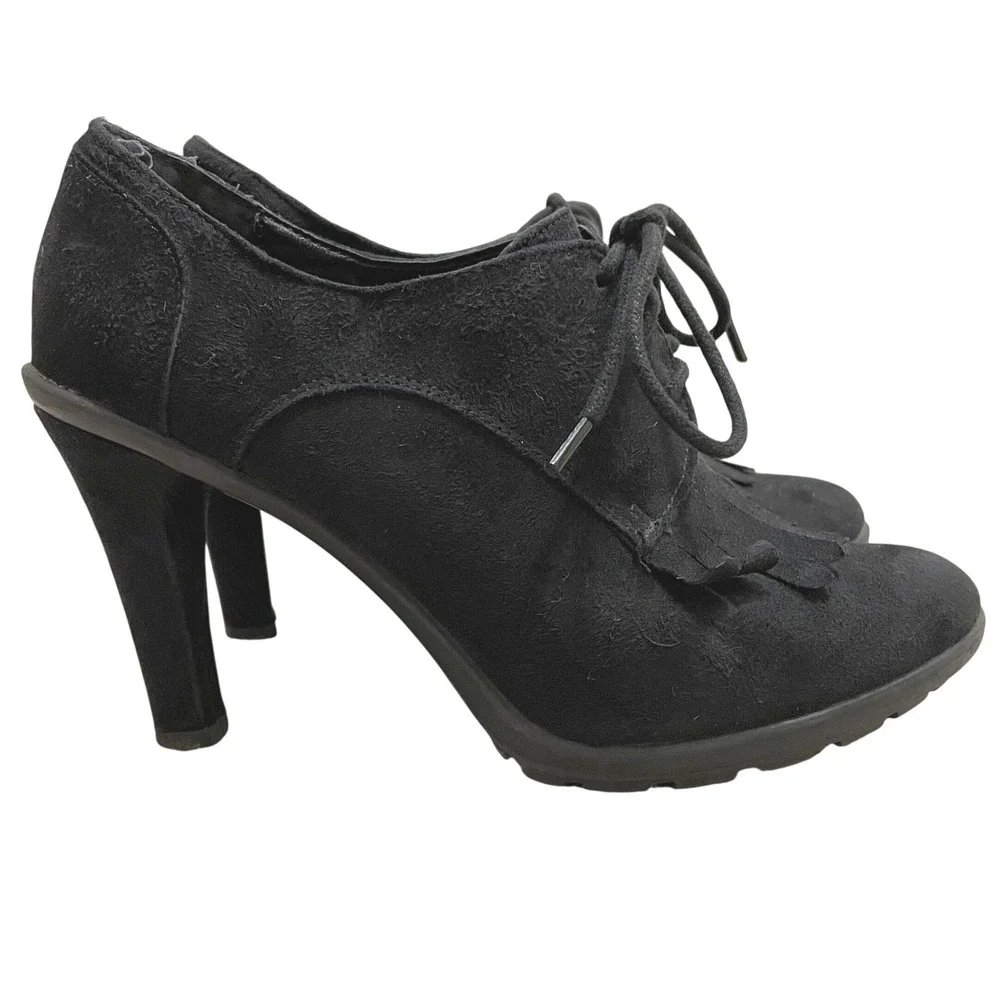 Tahari Temple‎ Booties Black Faux Suede Lace Up Fringe High Heel Shoes Size 7